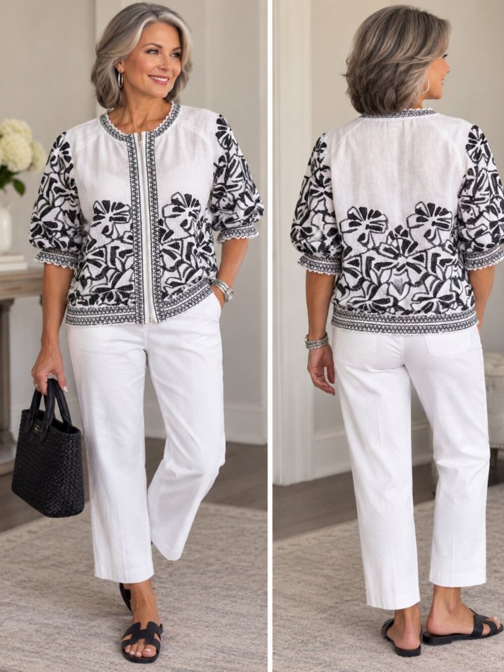 Chico's Women's Sz 1 M White Black Floral Embroidered Linen Jacket Boho Coastal